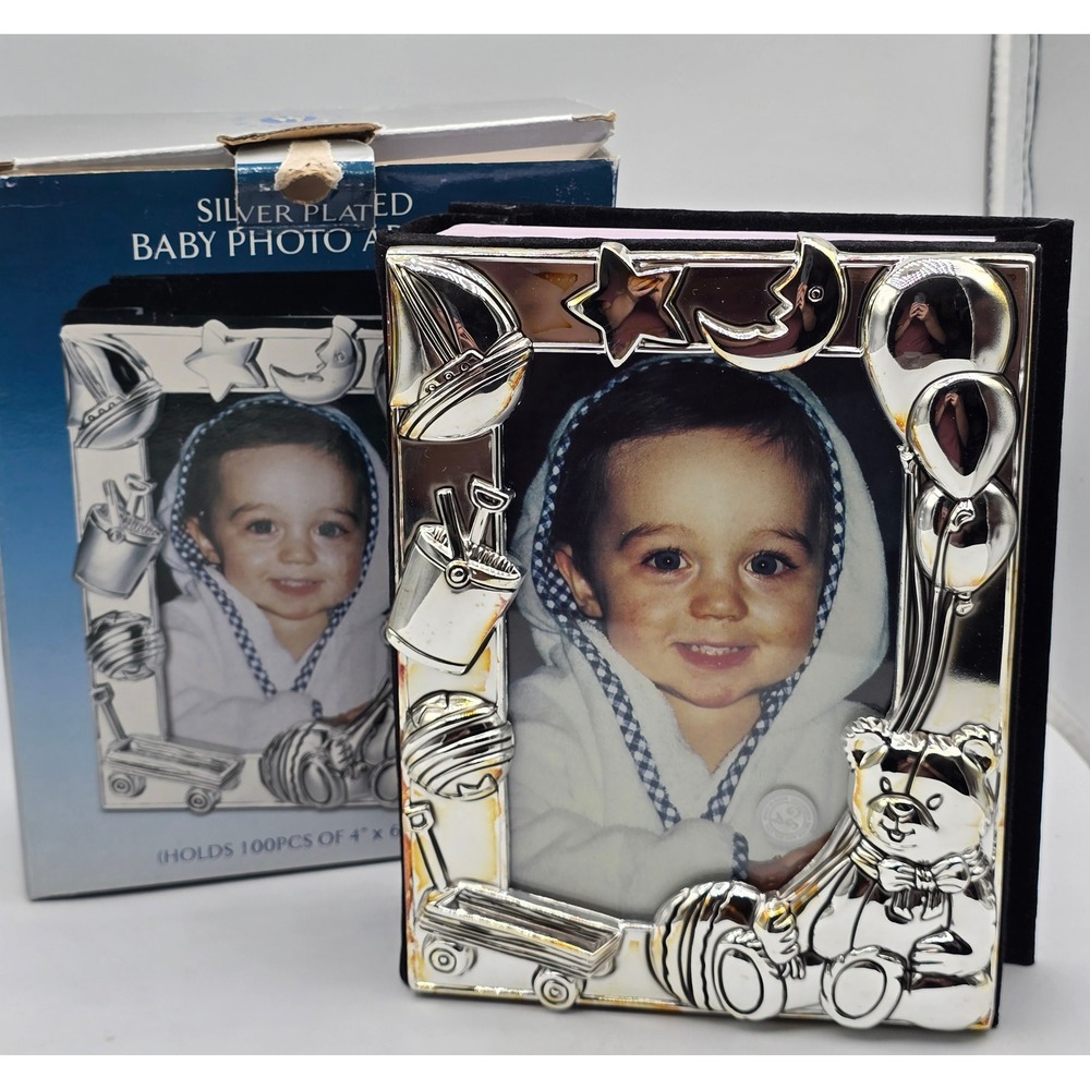 Vtg Godinger Silver Plated Baby Photo Album Teddy Bear Moon Stars Holds 100 4x6